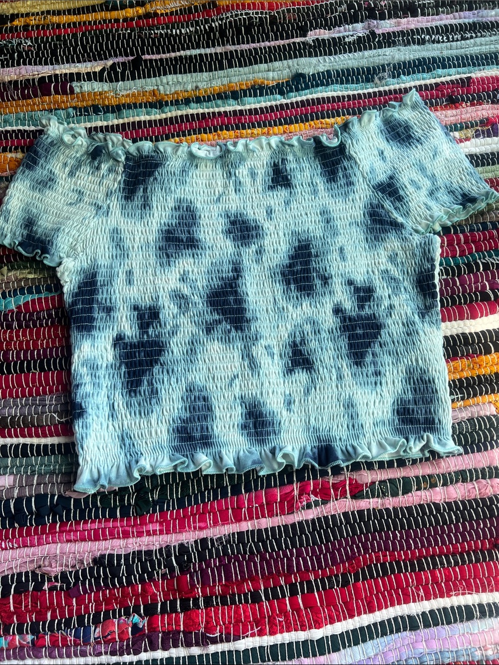 Wishful Park Light Blue & Black Tie-Dye Smocked Off-Shoulder Crop Top